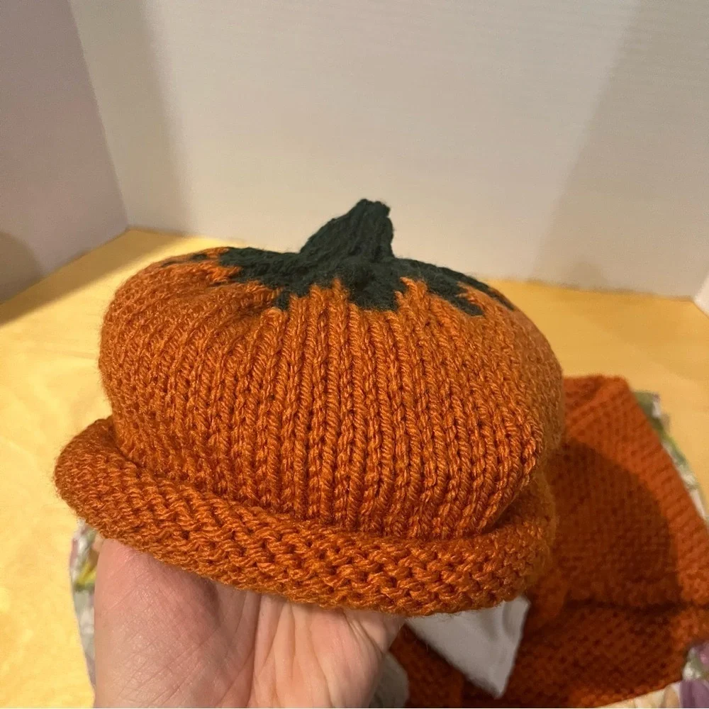 Baby Knit Orange Pumpkin Hat Sweater Bodysuit Set 9-12 Months Photo Prop Outfit